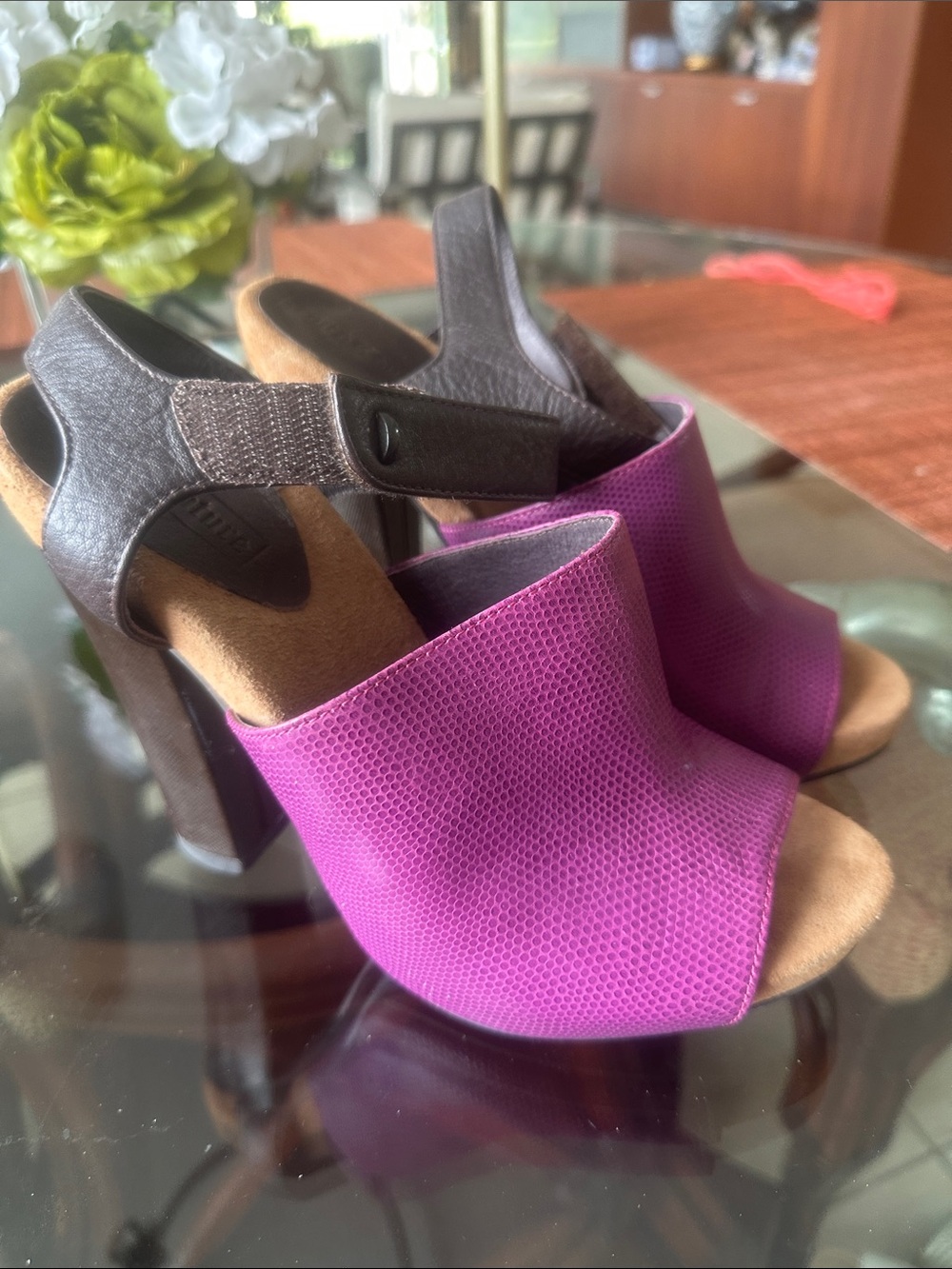 Juicy Couture Purple and Black Open-Toe Block Heel Sandals